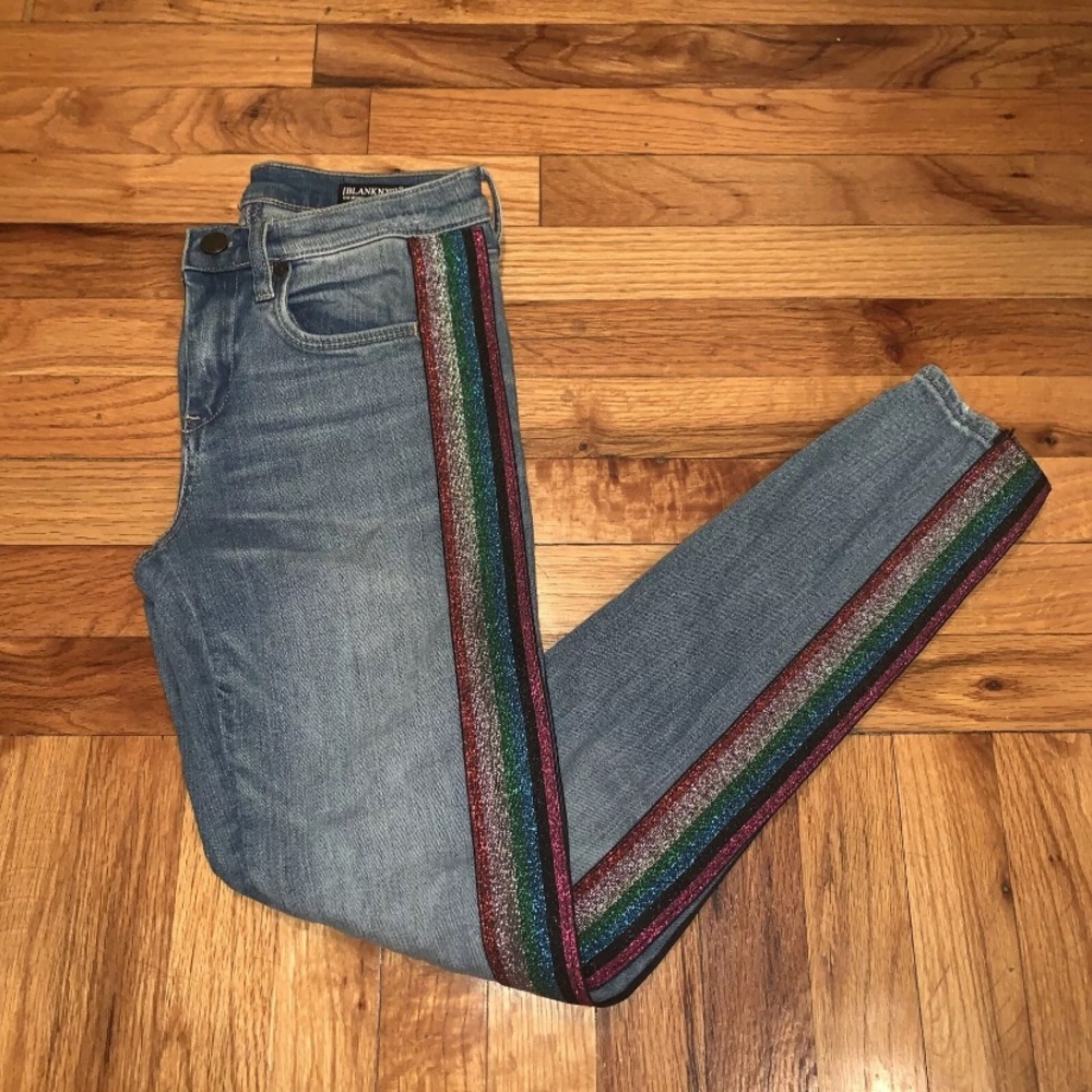 BLANK NYC The Bond Mid Rise Skinny Jeans Blue Multicolor 26 Rainbow Stripe